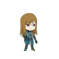 a cartoon character with long brown hair and glasses is wearing a blue suit .