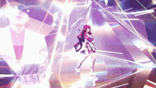 a girl with red hair is standing in front of a purple background that says ' x ' on it