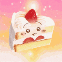 a slice of cake with a strawberry on top has a face drawn on it