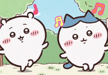 a couple of cartoon characters standing next to each other with a music note above their heads
