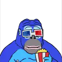 a blue gorilla wearing 3d glasses is holding a bag of popcorn