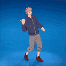 a man in a blue hoodie and grey pants is dancing on a blue background