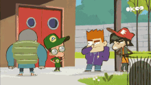 a group of cartoon characters are standing in front of a red door with the letter f on their hats