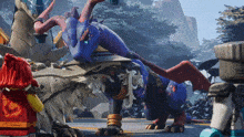 a purple and red dragon is standing next to a smaller dragon