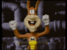 a cartoon character is riding a motorcycle and smiling with his fist in the air .