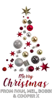 a merry christmas card with a christmas tree made of ornaments