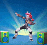 a cartoon character is standing in front of two speakers and holding a gun