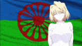 a woman stands in front of a flag with a red circle in the middle