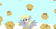 a cartoon of a pony surrounded by cupcakes with a blue background