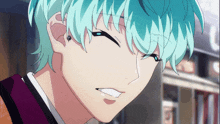 a close up of a person 's face with blue hair and green eyes