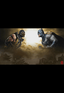 batman and scorpion are facing each other in a painting