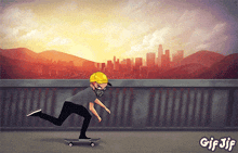 a cartoon drawing of a person riding a skateboard with the words gif jif below it
