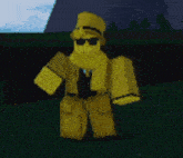 a yellow cartoon character wearing a top hat and sunglasses is standing in a field .