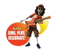 an ad for sonic sing play celebrate with a skeleton holding a guitar