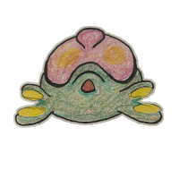 a drawing of a frog with a pink nose and yellow paws