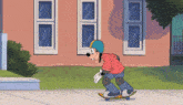 goofy wearing a helmet is riding a skateboard down a sidewalk