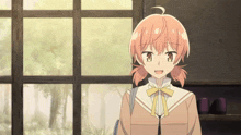 a girl with pink hair and a yellow bow tie