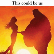 a silhouette of a man holding a woman 's hand with the words " this could be us " on the bottom