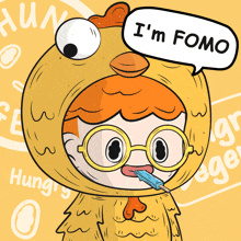 a cartoon of a person in a chicken costume with a speech bubble that says i 'm fomo