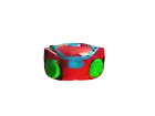 a red cd player with green speakers and a blue top