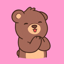 a cartoon drawing of a teddy bear with its tongue out on a pink background