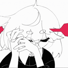a black and white drawing of a girl with a red bow on her head .