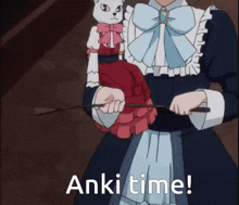 a girl in a maid outfit is holding a whip and says " anki time " in the corner