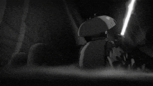 a black and white drawing of a robot with a light saber