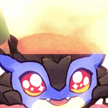 a close up of a cartoon character with a blue face and red eyes
