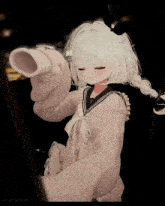 a girl with white hair is wearing a sweater and holding a horn