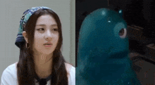 a woman wearing a bandana next to a picture of a blue frog .