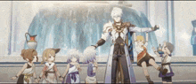 a group of children are standing around a man in front of a water fountain .