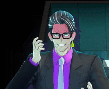 a man with glasses and a purple shirt has a yellow earring that says ' a ' on it