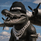 a statue of a crocodile wearing a black beanie that says blazzard