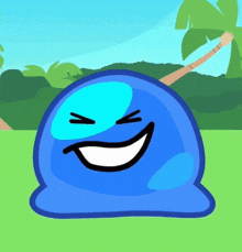 a blue cartoon character with a smiling face and closed eyes