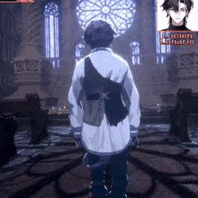 a video game character named lucian lunaris is standing in front of a church