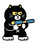 a black cat is holding a water gun with water coming out of it .