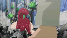 a cartoon character with red hair is laying on a pile of rocks