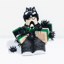 a cartoon character is surrounded by black spiders and has the word mora on his hat