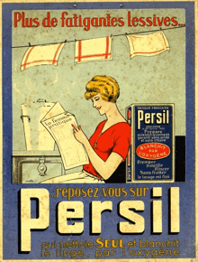 a vintage advertisement for persil shows a woman reading a newspaper