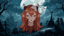 a pixel art of a woman with horns and a ghost on her head