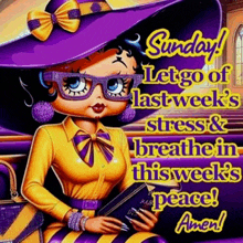 betty boop is wearing a purple hat and holding a book .