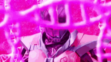 a close up of a robot with a pink light coming out of it 's eyes .