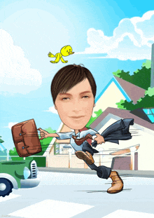 a cartoon of a man running with a briefcase