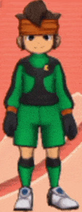 a cartoon character is wearing a green and black outfit