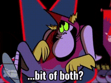 a cartoon character says " bit of both " in front of a large letter j