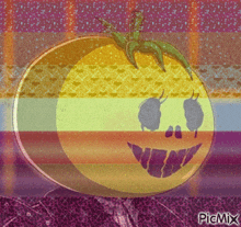 a picture of a tomato with a face drawn on it and the word picmix below it