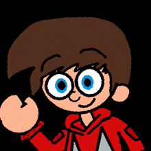 a cartoon character with brown hair and blue eyes is wearing a red shirt