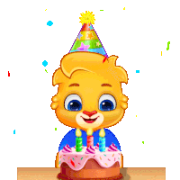 a cartoon character wearing a party hat blowing out candles on a birthday cake
