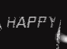 a black and white photo of a person holding a microphone with the words happy new written on it